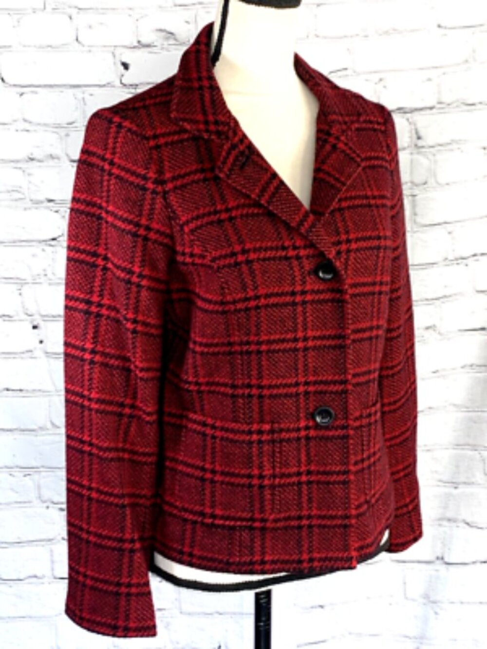Red and black plaid wool Talbots jacket featuring a classic lapel, size 8